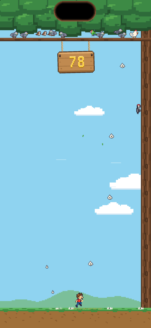 A run in Lucky Splat: birds on the branch, droppings falling, the runner on the grass